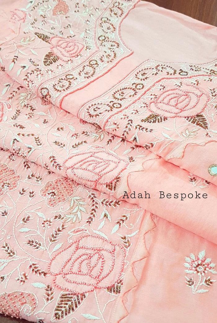 Chikankari Chanderi Designer Suit ( Pearl Work ) - Adah Chikankari