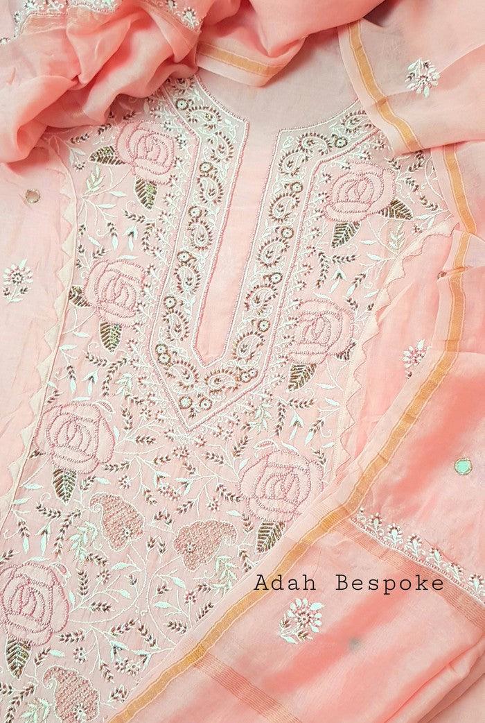 Chikankari Chanderi Designer Suit ( Pearl Work ) - Adah Chikankari