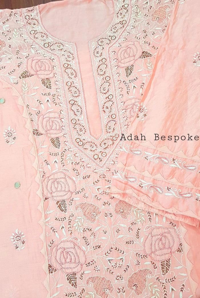 Chikankari Chanderi Designer Suit ( Pearl Work ) - Adah Chikankari