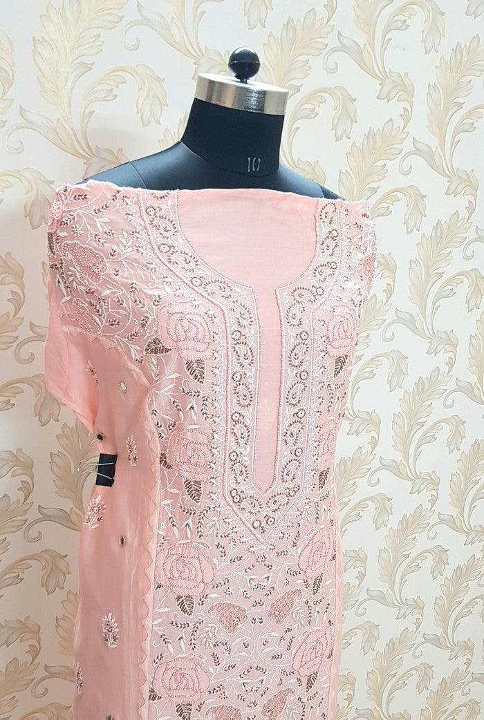Chikankari Chanderi Designer Suit ( Pearl Work ) - Adah Chikankari