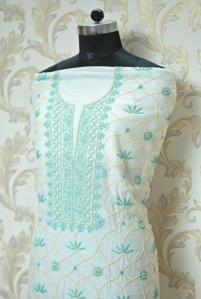 Chikankari Mul Chanderi Suit ( Pearl Work ) - Adah Chikankari