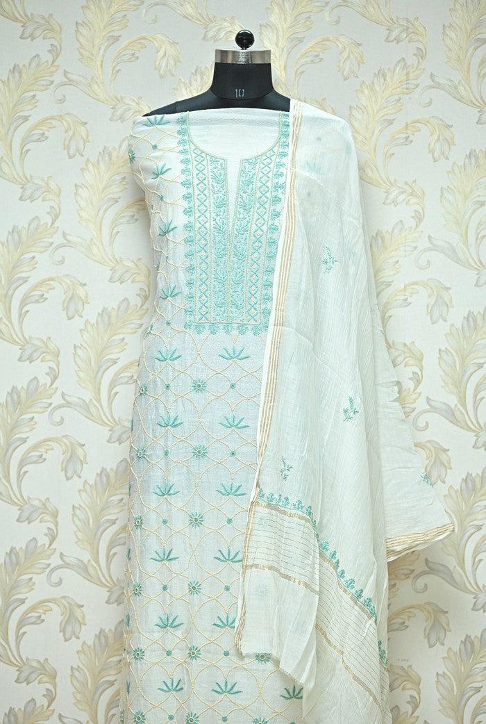 Chikankari Mul Chanderi Suit ( Pearl Work ) - Adah Chikankari