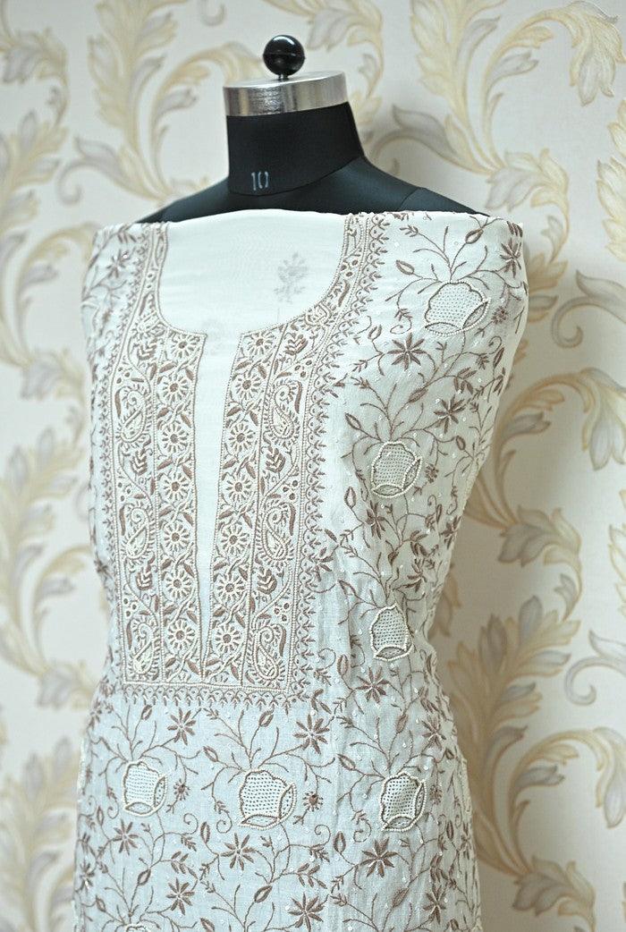 Chikankari Mul Chanderi Suit ( Pearl n Sequins ) - Adah Chikankari