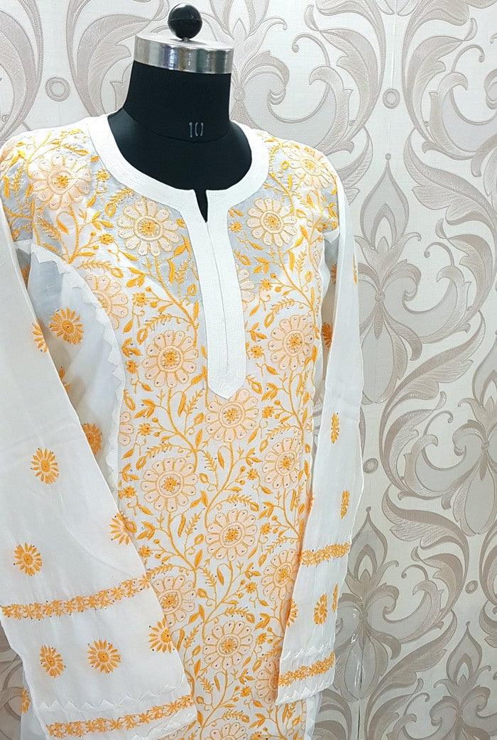 Chikankari Pure Chanderi Silk Suit - Adah Chikankari