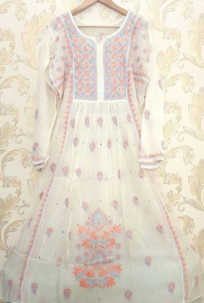 Chikankari Mul Chanderi Anarkali ( Mukaish ) - Adah Chikankari