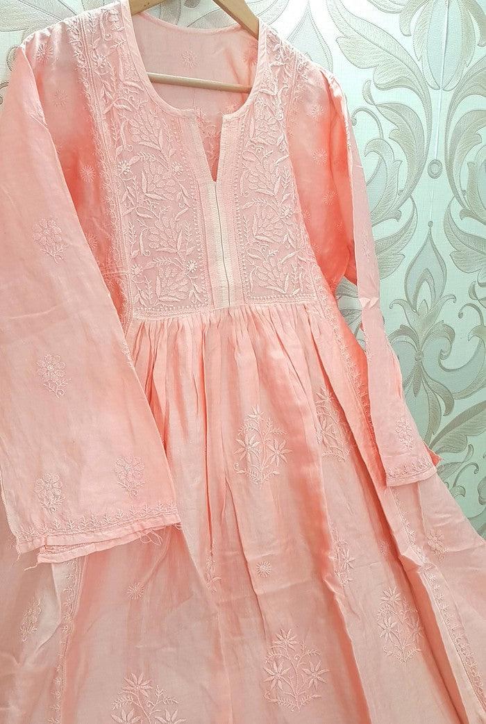 Chikankari Chanderi Silk Anarkali ( Semi Stitched ) - Adah Chikankari