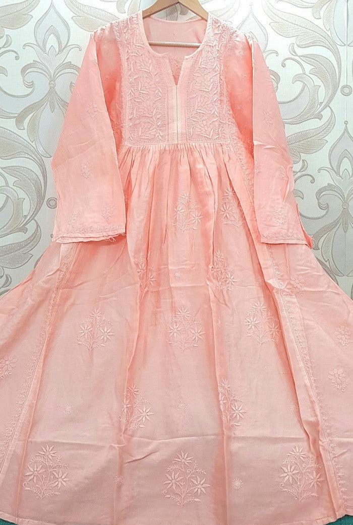 Chikankari Chanderi Silk Anarkali ( Semi Stitched ) - Adah Chikankari