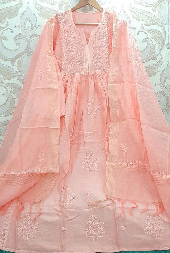 Chikankari Chanderi Silk Anarkali ( Semi Stitched ) - Adah Chikankari