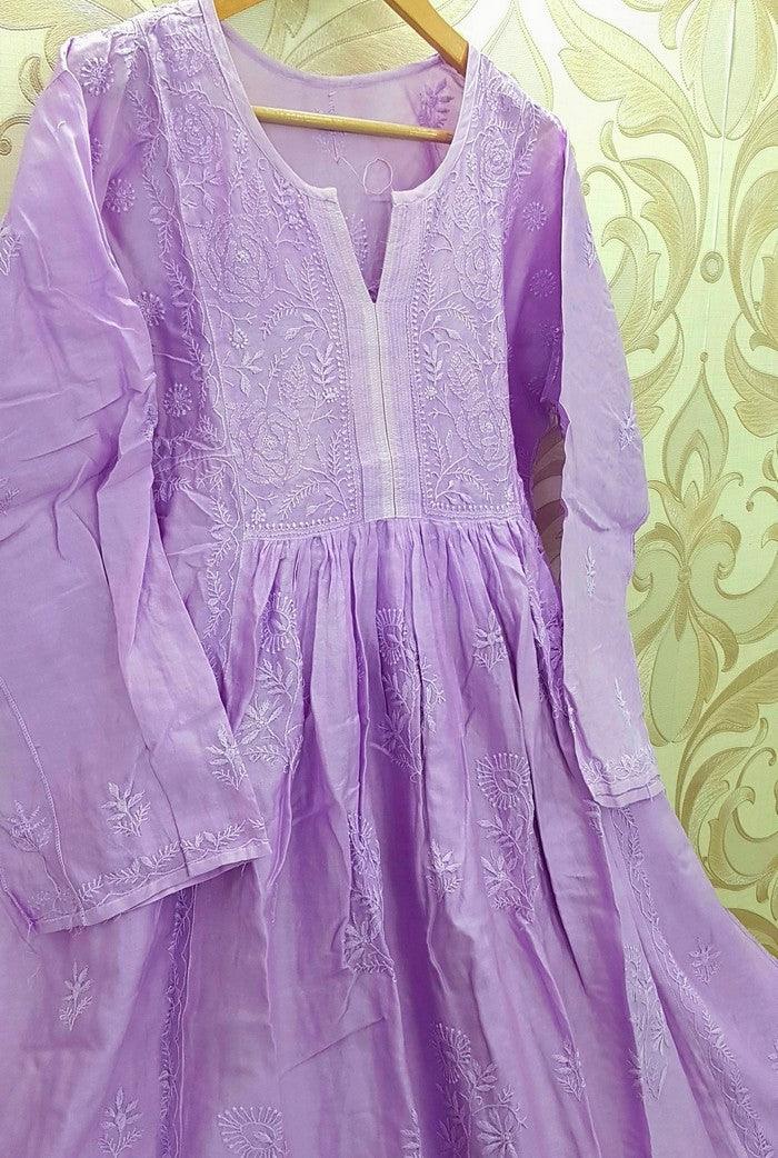 Chikankari Chanderi Silk Anarkali ( Semi Stitched ) - Adah Chikankari