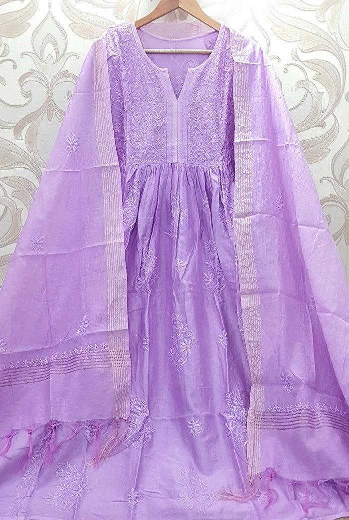 Chikankari Chanderi Silk Anarkali ( Semi Stitched ) - Adah Chikankari