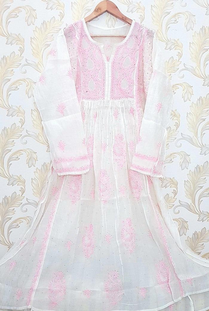 Chikankari Chanderi Silk Anarkali ( Mukaish ) - Adah Chikankari