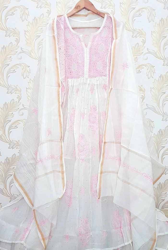 Chikankari Chanderi Silk Anarkali ( Mukaish ) - Adah Chikankari