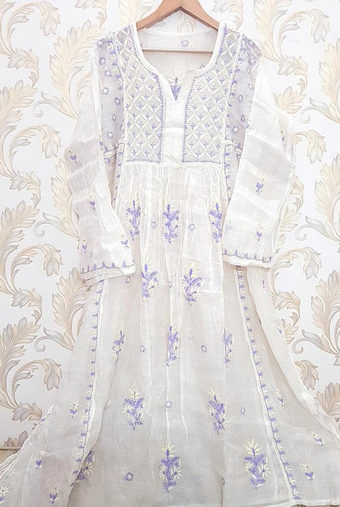 Chikankari Mul Chanderi Anarkali ( Semi Stitched ) - Adah Chikankari