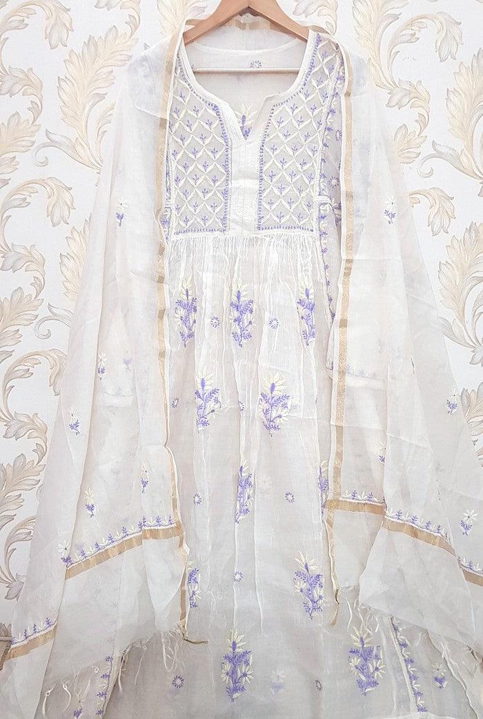 Chikankari Mul Chanderi Anarkali ( Semi Stitched ) - Adah Chikankari
