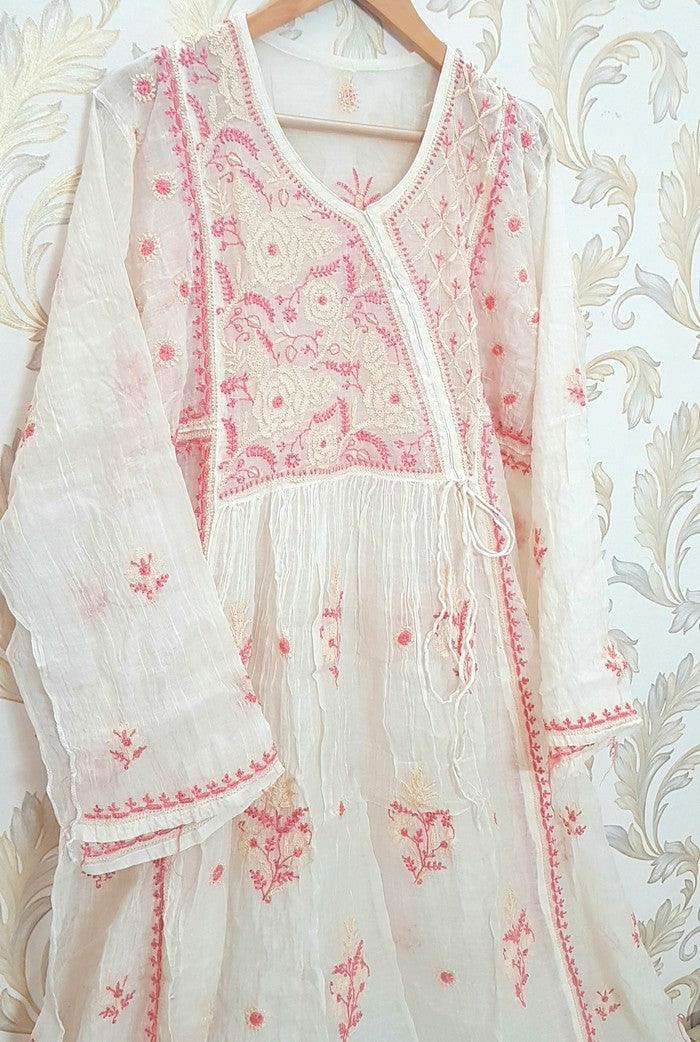 Chikankari Mul Chanderi Anarkali ( Semi Stitched ) - Adah Chikankari