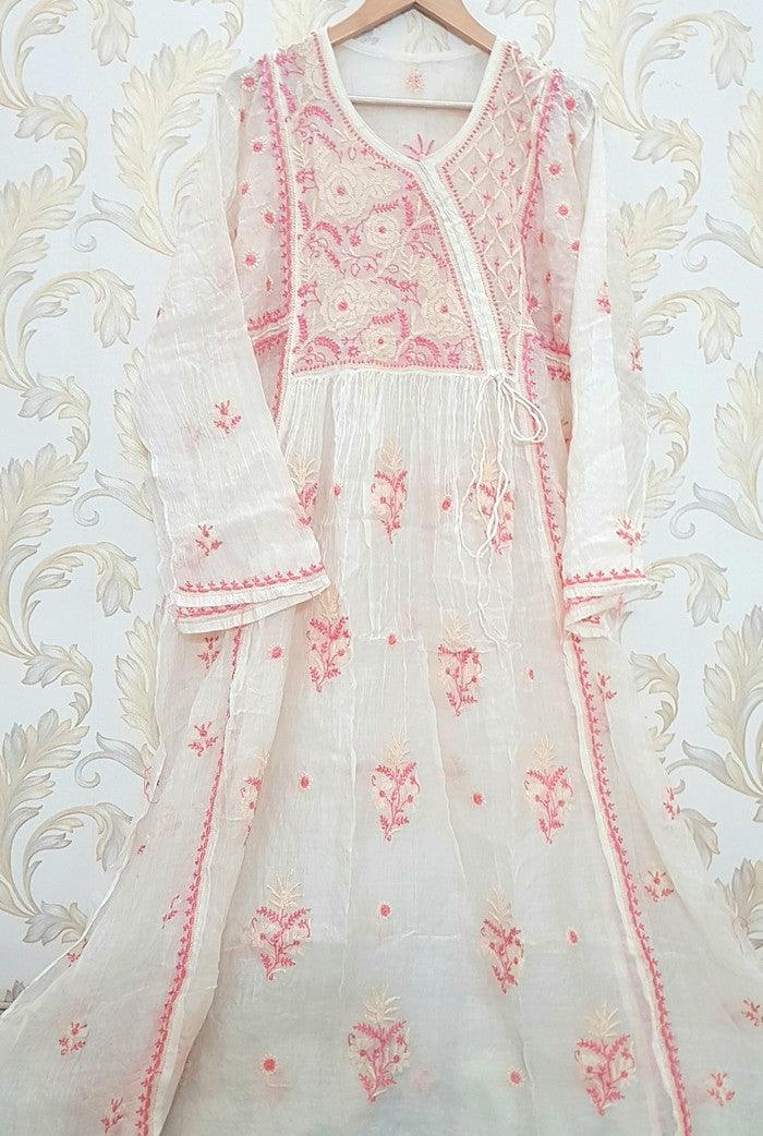 Chikankari Mul Chanderi Anarkali ( Semi Stitched ) - Adah Chikankari