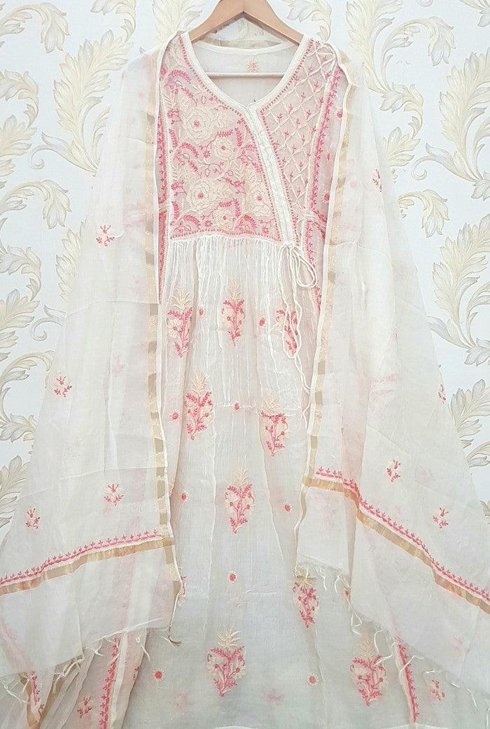 Chikankari Mul Chanderi Anarkali ( Semi Stitched ) - Adah Chikankari