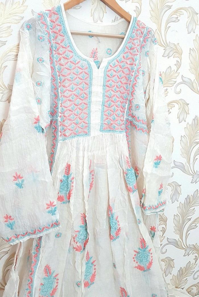 Chikankari Mul Chanderi Anarkali ( Semi Stitched ) - Adah Chikankari