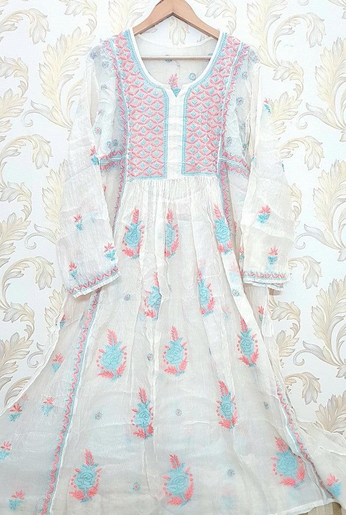 Chikankari Mul Chanderi Anarkali ( Semi Stitched ) - Adah Chikankari