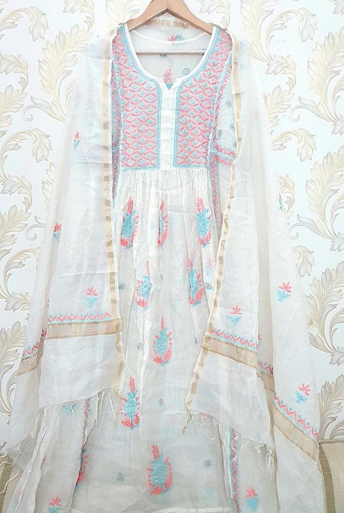 Chikankari Mul Chanderi Anarkali ( Semi Stitched ) - Adah Chikankari