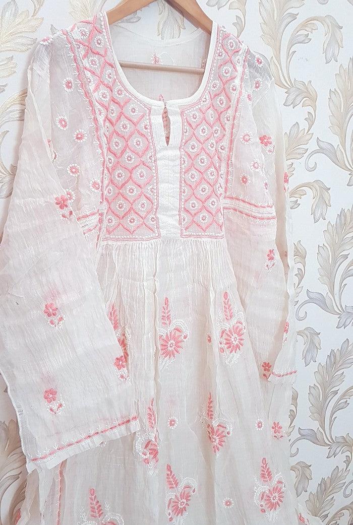 Chikankari Mul Chanderi Anarkali ( Semi Stitched ) - Adah Chikankari