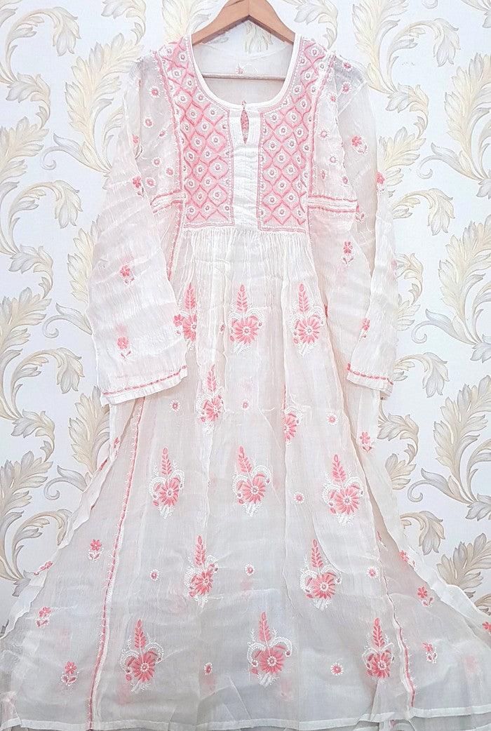 Chikankari Mul Chanderi Anarkali ( Semi Stitched ) - Adah Chikankari