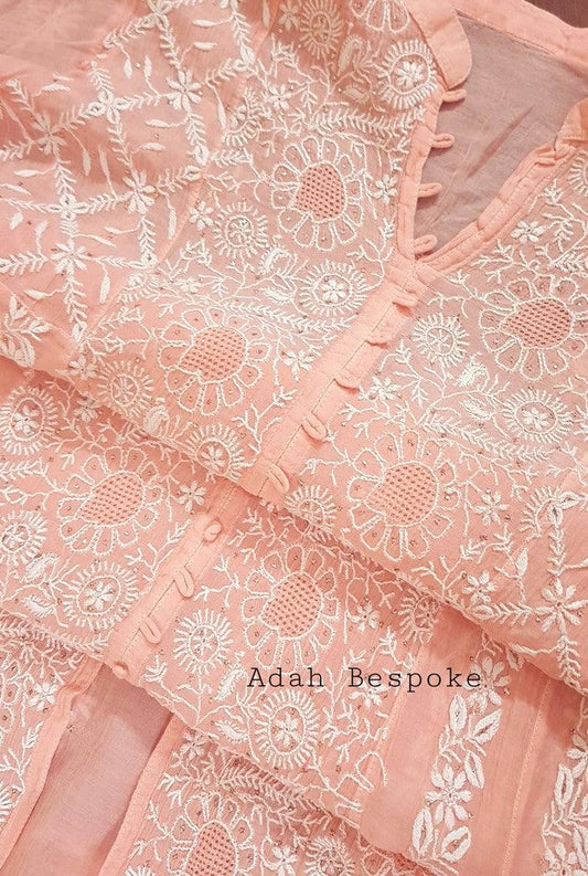 Mul Chanderi Designer Anarkali ( Semi Stitched ) - Adah Chikankari