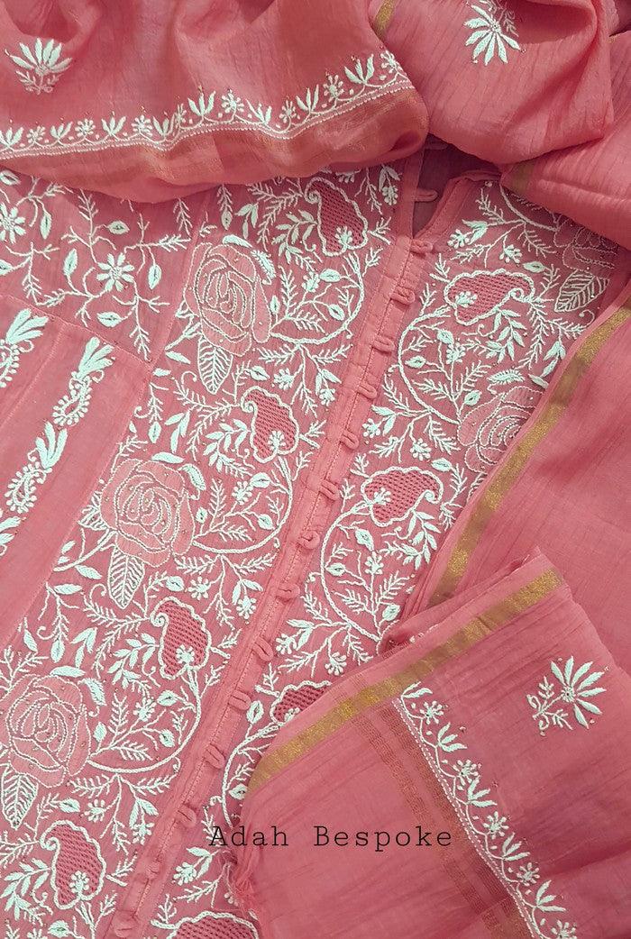 Mul Chanderi Designer Anarkali ( Semi Stitched ) - Adah Chikankari