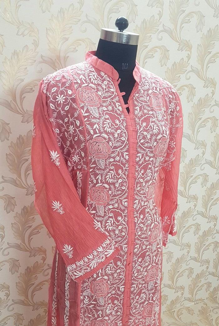 Mul Chanderi Designer Anarkali ( Semi Stitched ) - Adah Chikankari