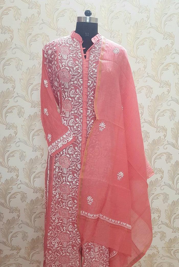 Mul Chanderi Designer Anarkali ( Semi Stitched ) - Adah Chikankari