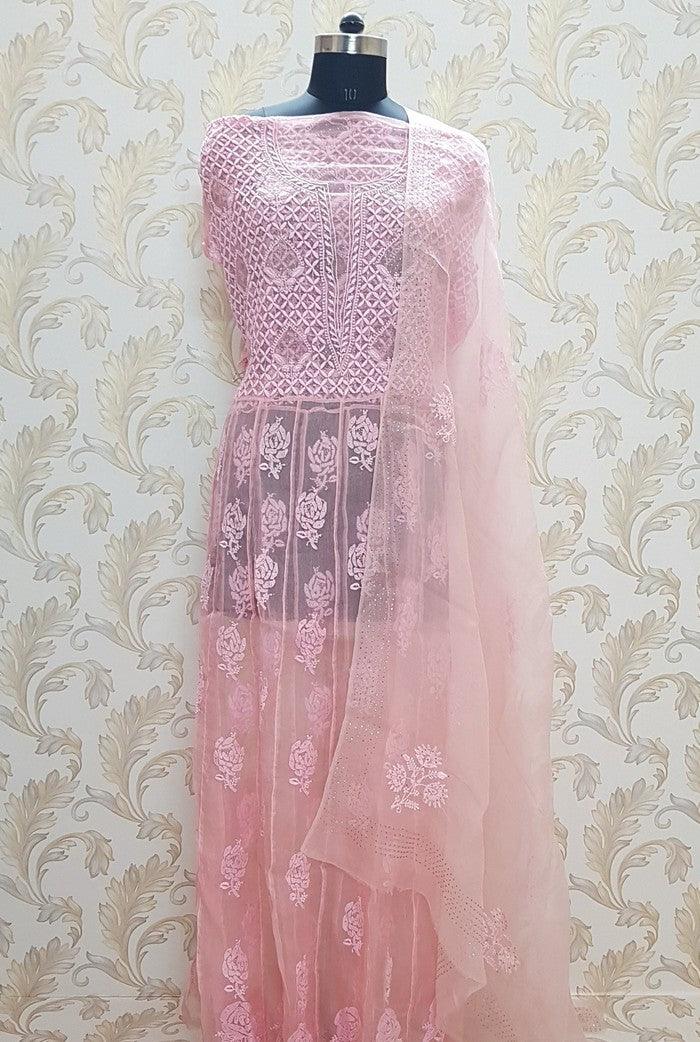 Chikankari Pure Organza Silk Anarkali ( Semi Stitched ) - Adah Chikankari