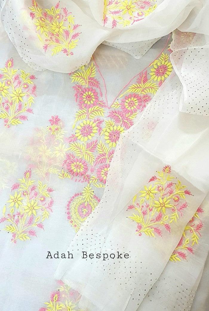 Chikankari Pure Organza Silk ( Multicolored ) - Adah Chikankari