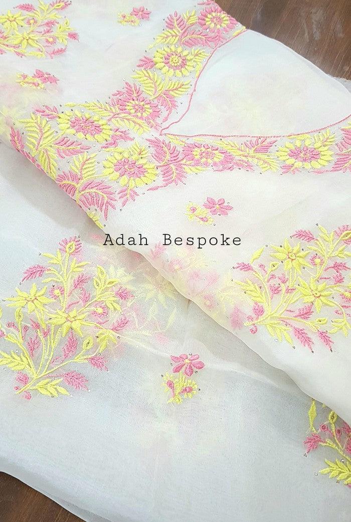 Chikankari Pure Organza Silk ( Multicolored ) - Adah Chikankari