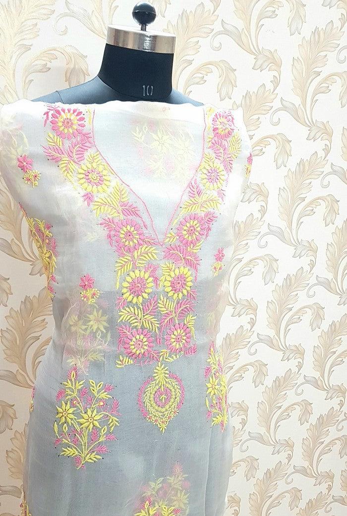 Chikankari Pure Organza Silk ( Multicolored ) - Adah Chikankari