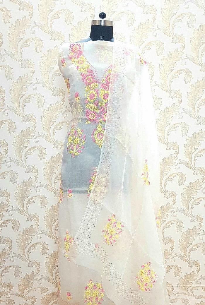 Chikankari Pure Organza Silk ( Multicolored ) - Adah Chikankari