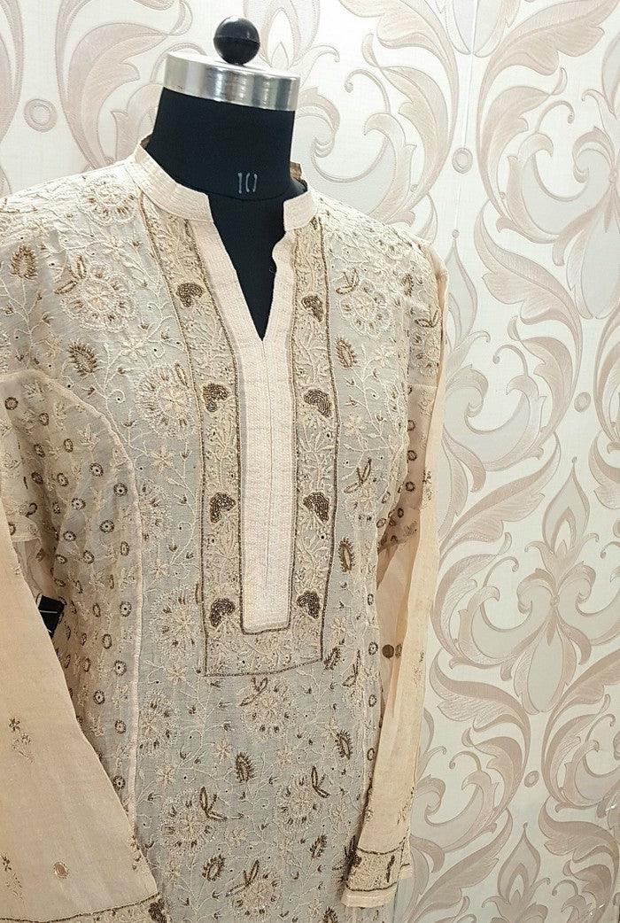 Tissue Silk Designer Suit ( Pearl & Cutdana ) - Adah Chikankari