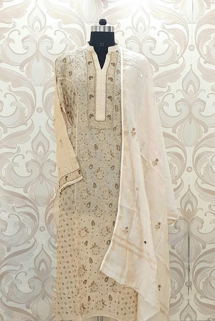 Tissue Silk Designer Suit ( Pearl & Cutdana ) - Adah Chikankari