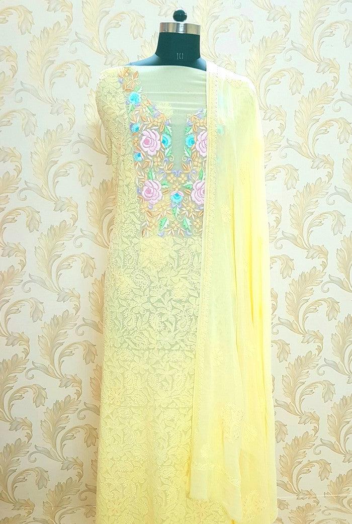 Chikankari Viscose Georgette Suit ( Parsi Work ) - Adah Chikankari