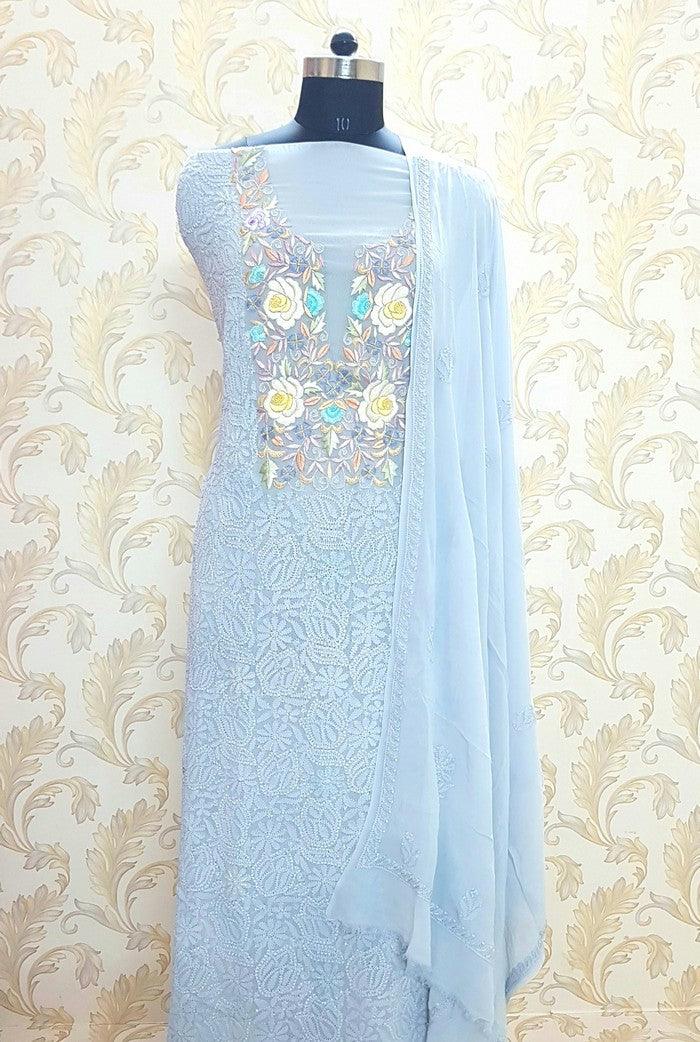 Chikankari Viscose Georgette Suit ( Parsi Work ) - Adah Chikankari