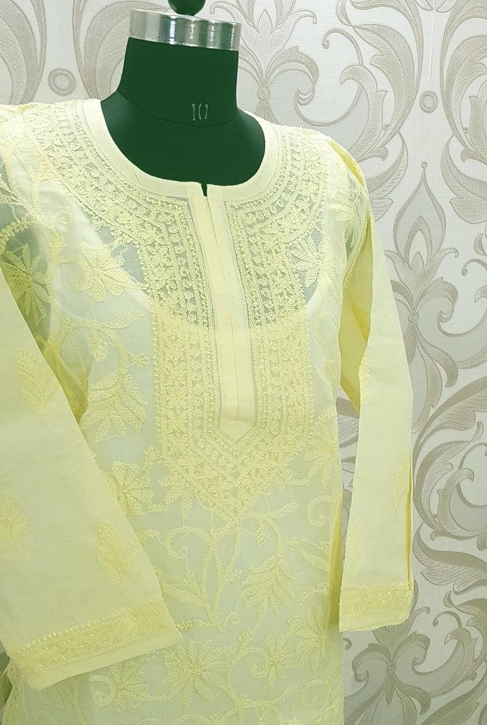 Chikankari Cotton Lemon Yellow Kurta ( Stitched ) - Adah Chikankari
