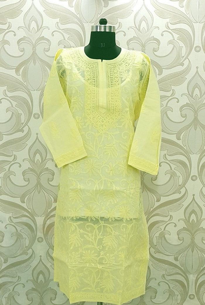 Chikankari Cotton Lemon Yellow Kurta ( Stitched ) - Adah Chikankari