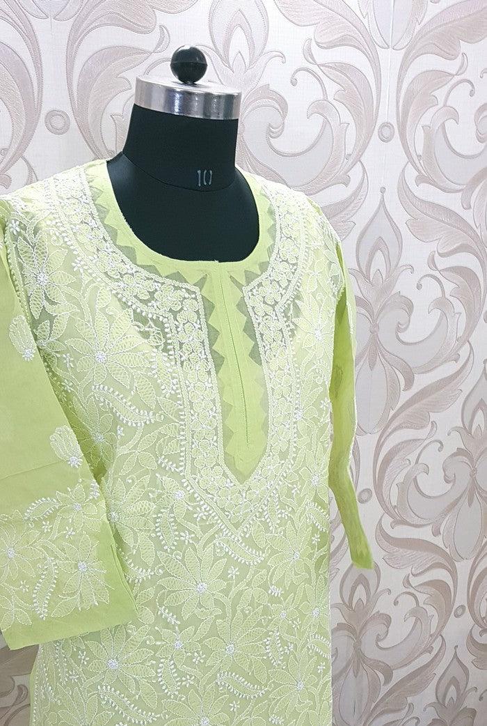 Green Cotton Chikankari Kurta - Adah Chikankari