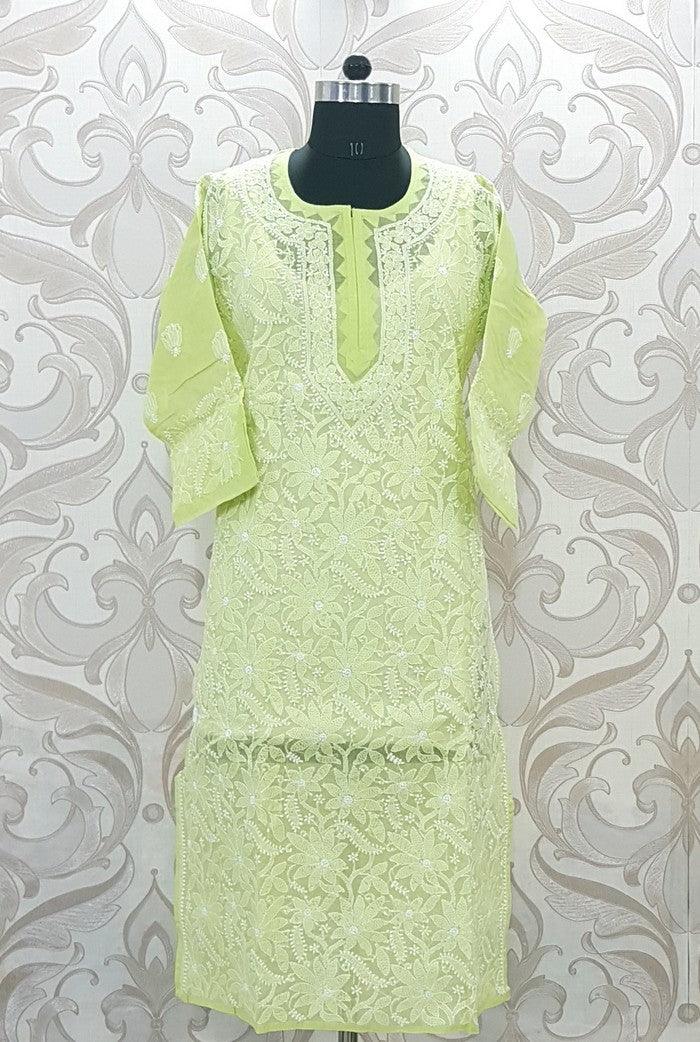 Green Cotton Chikankari Kurta - Adah Chikankari