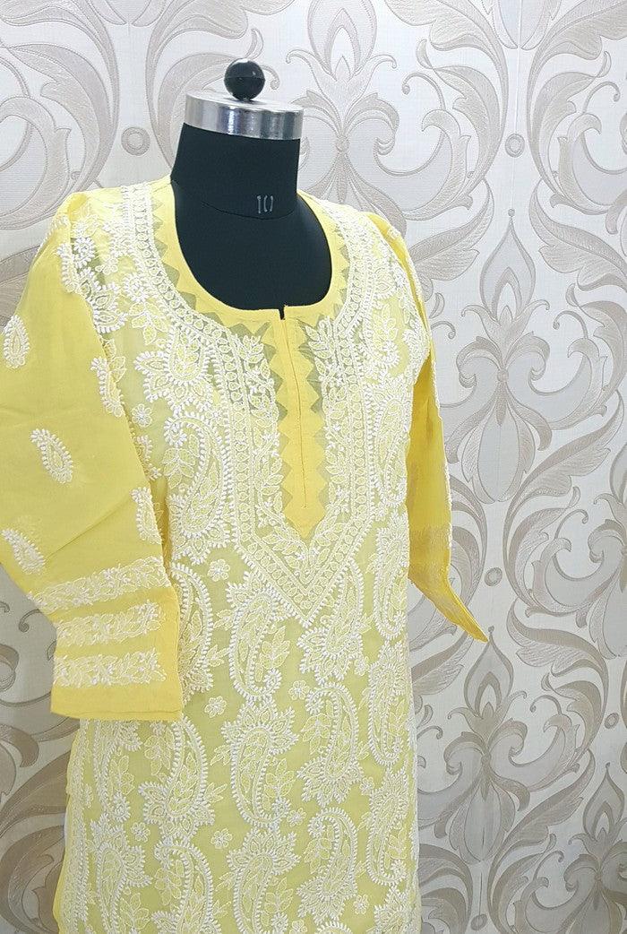 Chikankari Yellow Cotton Kurta - Adah Chikankari