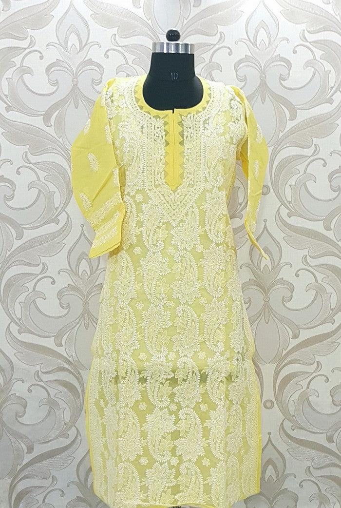 Chikankari Yellow Cotton Kurta - Adah Chikankari