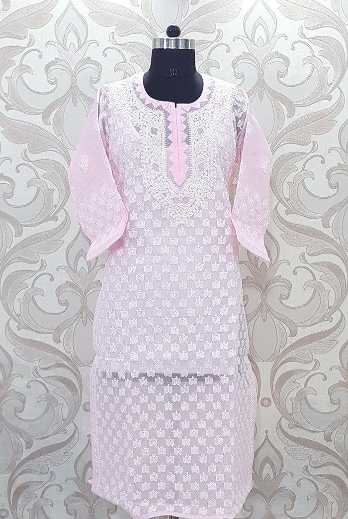 Chikankari Pink Cotton Kurta - Adah Chikankari