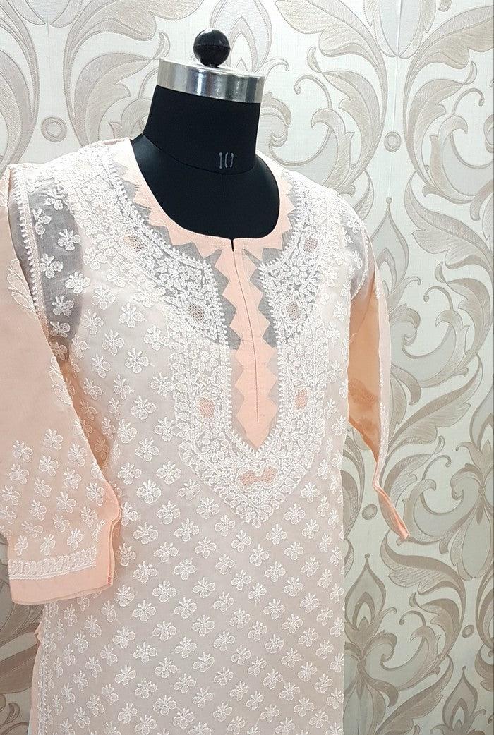 Peach Chikankari Cotton Kurta - Adah Chikankari