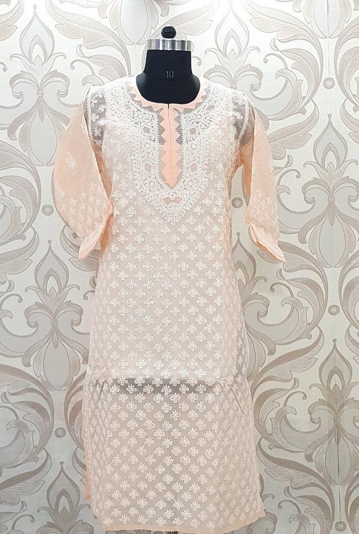 Peach Chikankari Cotton Kurta - Adah Chikankari