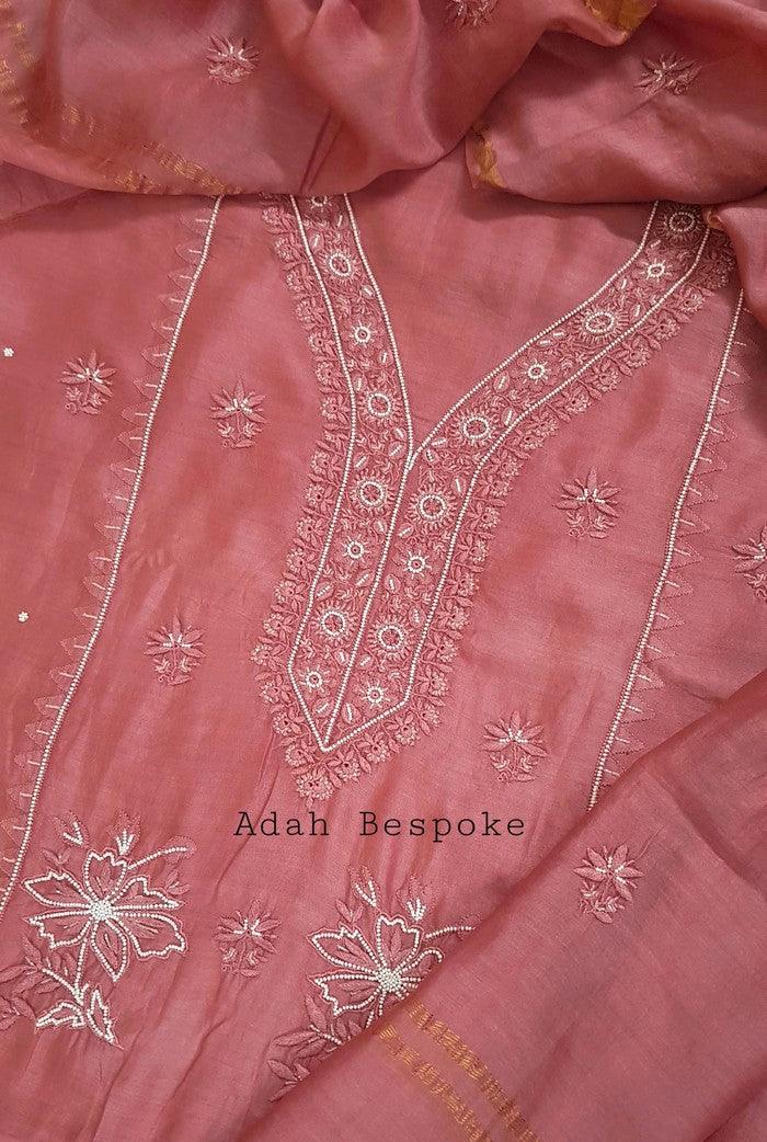 Chikankari Chanderi Suit ( Pearl Work ) - Adah Chikankari
