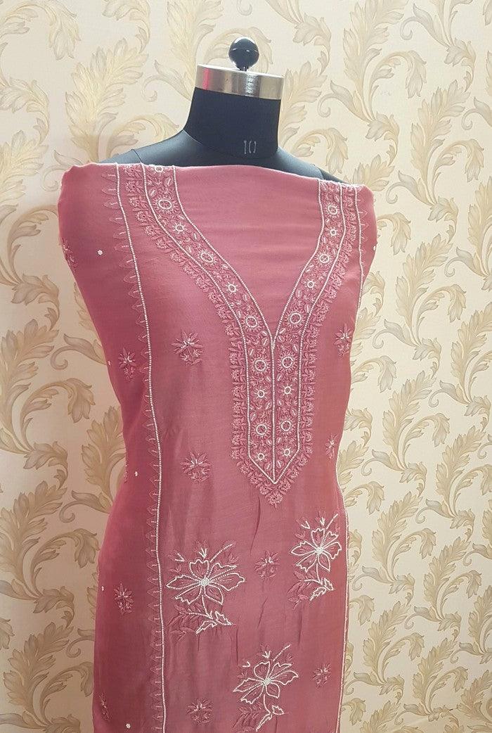 Chikankari Chanderi Suit ( Pearl Work ) - Adah Chikankari